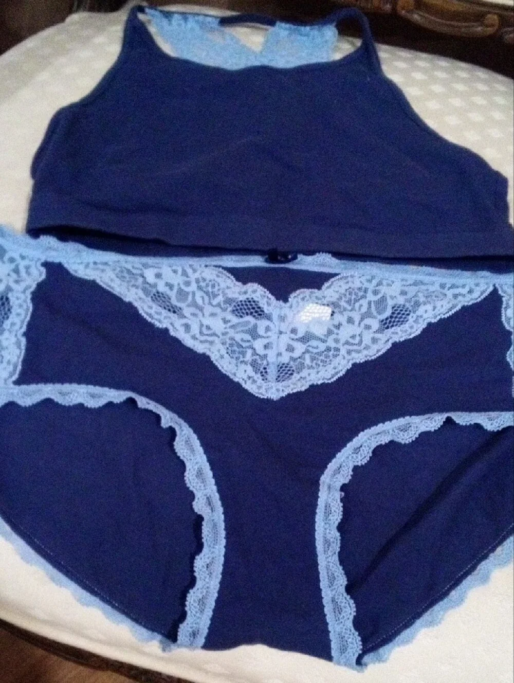 Adore Me Navy Bralette & Light Blue Lace Trim Brief Set